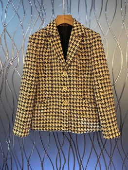 

2020 Early Autumn New Women Business Suit Collar Symmetrical Pocket Decoration Houndstooth Long Sleeve All-match Suit 716