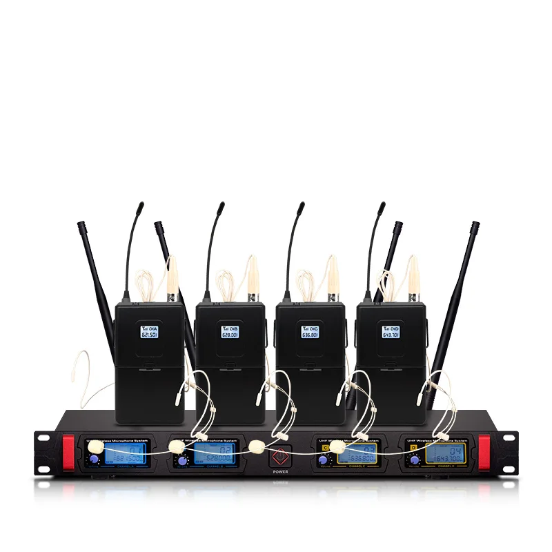 

Professional wireless microphone UHF 4 channel fixed frequency dynamic display skin tone headset wireless microphone