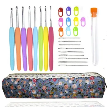 

28pcs/Set Crochet Hook Ergonomic Aluminum Knitting Needles Set Rubber Handle Weave Sewing Needles Knitting Tools with Bag