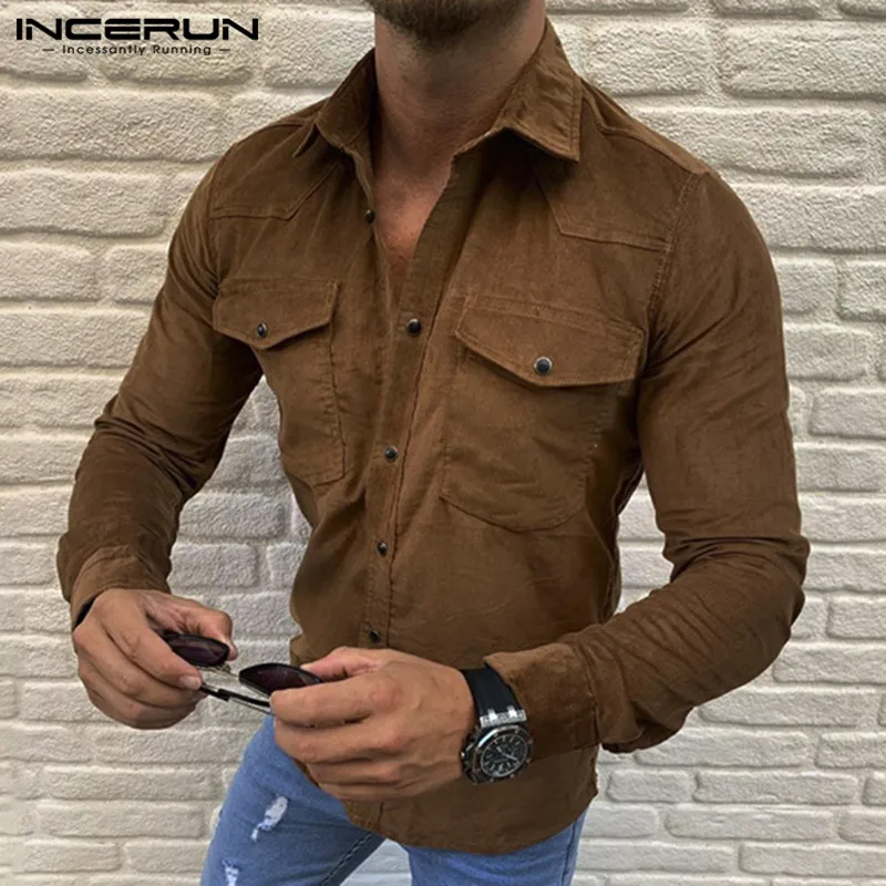 INCERUN, вельветовые мужские рубашки, повседневные, для фитнеса, с карманами, модная уличная одежда, Camisa, Осенние, с длинным рукавом, брендовые, с отворотом, одноцветные, мужские рубашки
