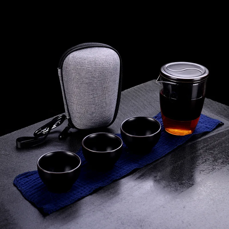 Белый керамический чайник gaiwan чайная чашка в китайском стиле чайный набор для путешествия с сумкой для путешествий - Цвет: Черный