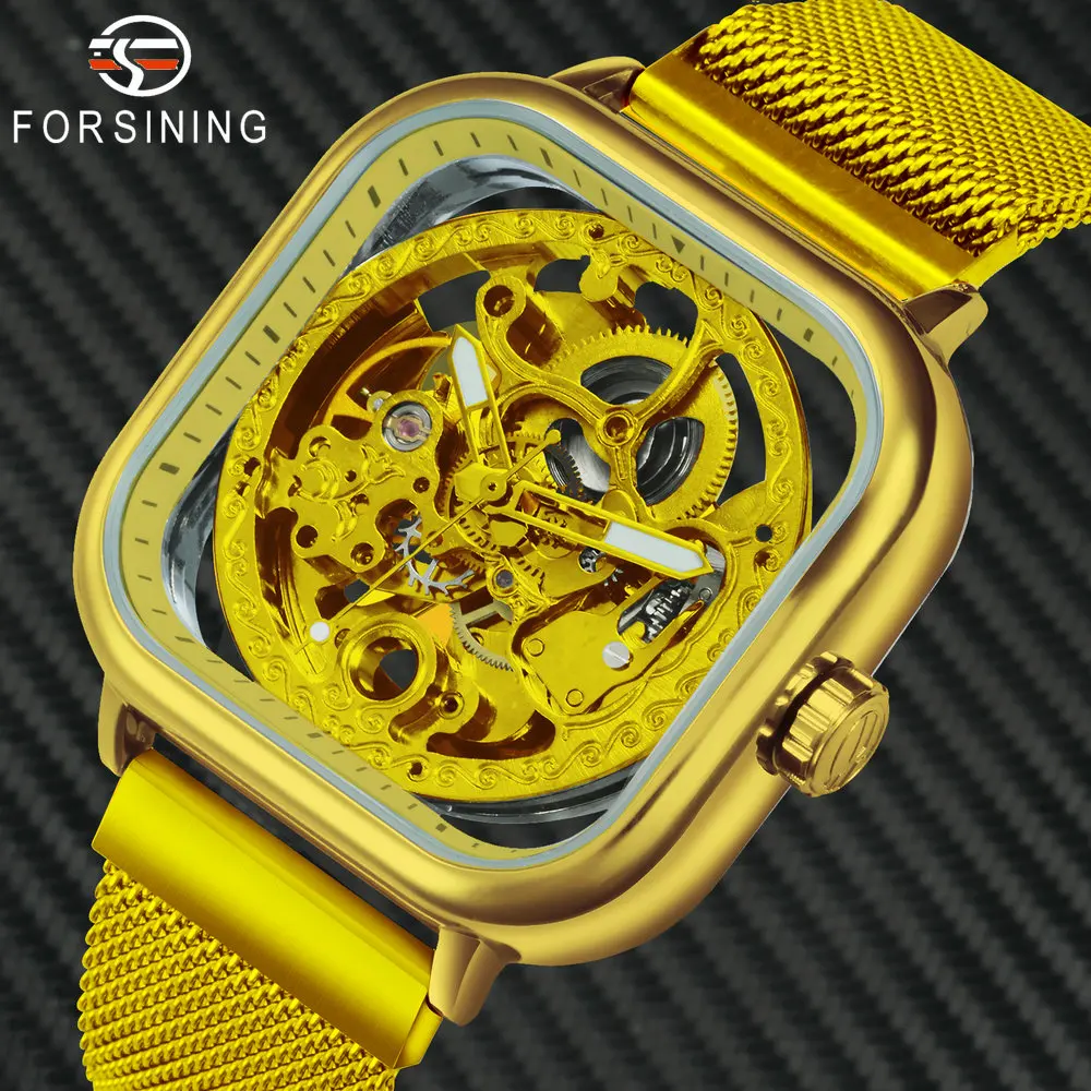 

FORSINING Golden Watch Men Automatic Watches Top Brand Luxury Magnet Steel Strap Skeleton Mechanical Business Wristwatches 2019