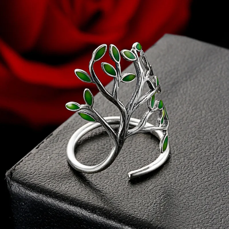 Изысканное дерево форма для женщин Sterling-925silver для женщин кольцо личности мода зеленый спрей краски лист ювелирные украшения Bijoux