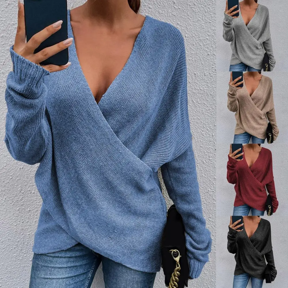 

Women's Sweater Deep V-Neck Long Sleeve Solid Color Knitted Top Casual Cross Knitted Sweater Streetwear for Autumn Winter