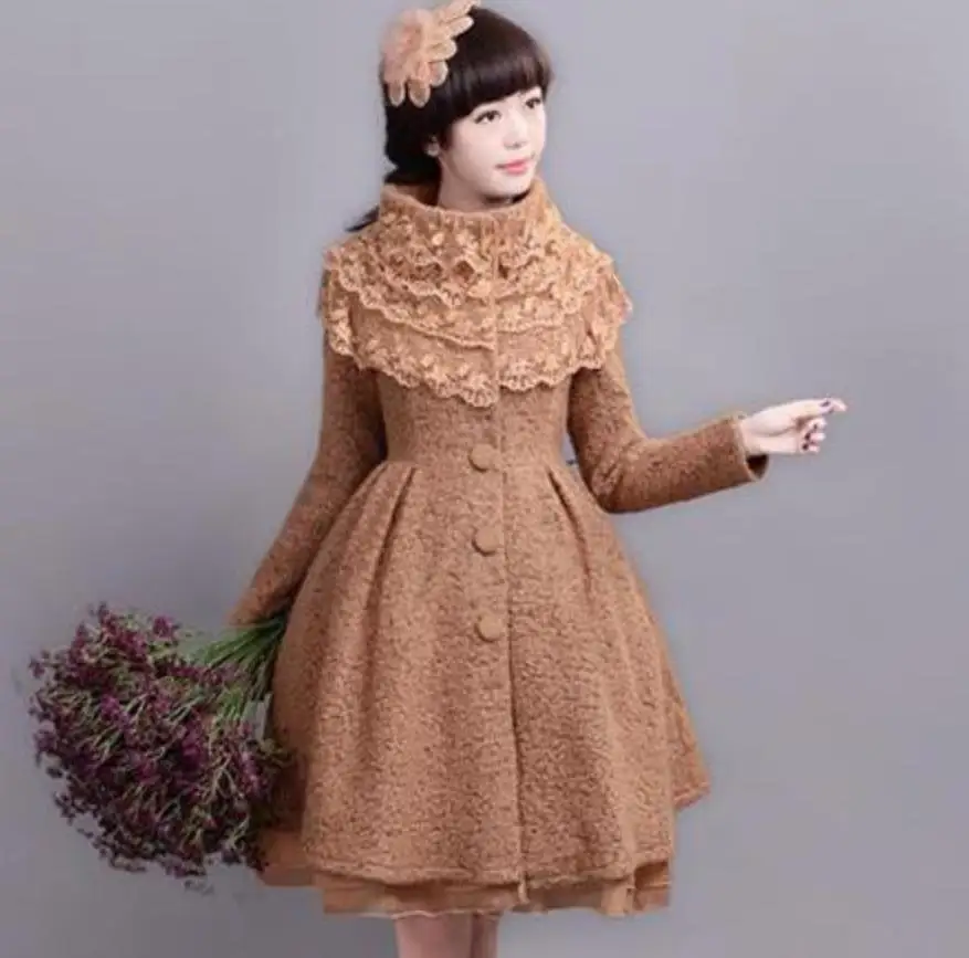 

plus size 3XL!2019 Lace patchwork Wool Jacket Women's Single Breasted Overcoat Female Autumn Winter woolen Coat