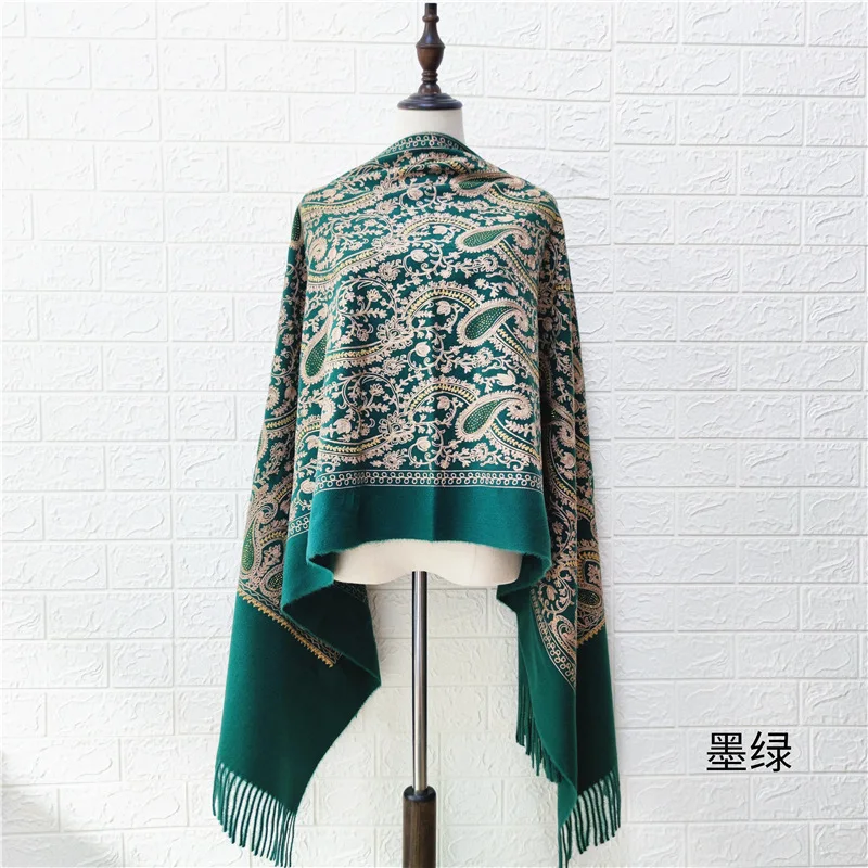 Paisley Flowers Embroidery Cashmere Scarf Women Winter Pashmina Tassel Shawl Elegant Ladies Thicken Warm Blanket Scarves Wraps