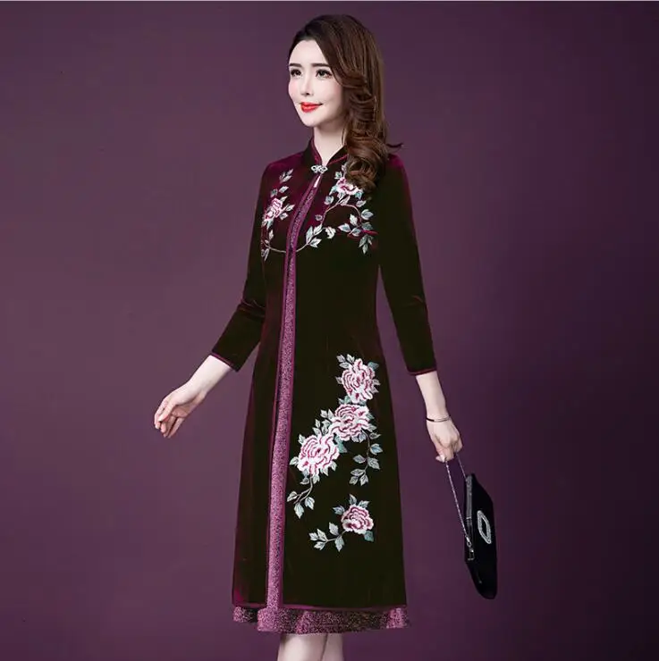 Винтажное женское платье-Чонсам Aodai для женщин среднего возраста, весенне-осеннее Новое Длинное Элегантное женское двухсекционное платье в западном стиле