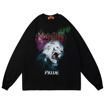 

Mens Dark Style lion Print t shirts Long Sleeve Oversize Pullover Unisex Hoodie Autumn Male Harajuku 100%Cotton T Shirts