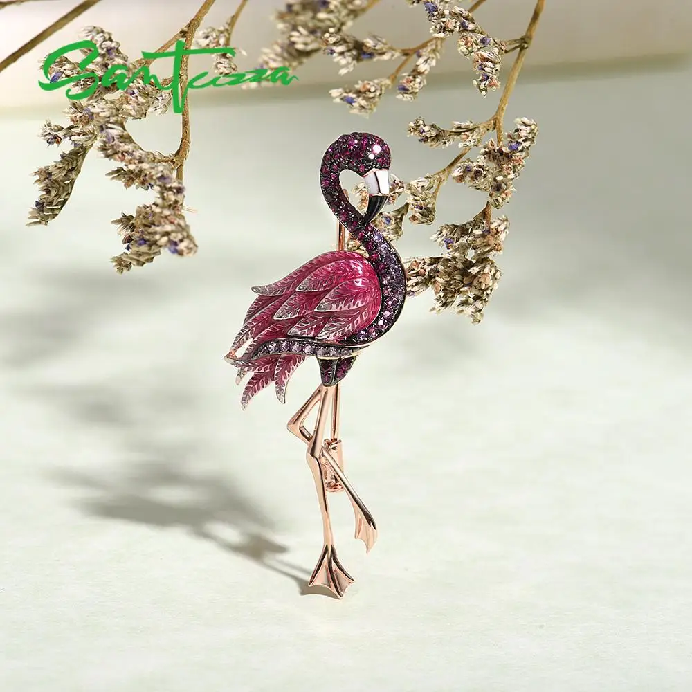 SANTUZZA Silver Brooch for Women Pure 925 Sterling Silver Rose Gold Color Flamingo Bird Animal Fashion Jewelry Handmade Enamel