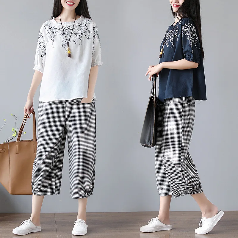 

Photo Shoot 2019 Summer New Style Large Size WOMEN'S Two-piece Suit Retro Literature And Art Embroidered Cotton Linen T-shirt Lo