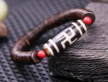 

Magic Power Tibetan Old Agate 2 Wanzi Swastica dZi Bead Hand Knitted Bracelet AA
