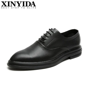 

New Arrival Summer Lace Up Pointed Toe Men Leather Shoes Hollow Out Breathable Business Dress Shoes For Men Height Increasing