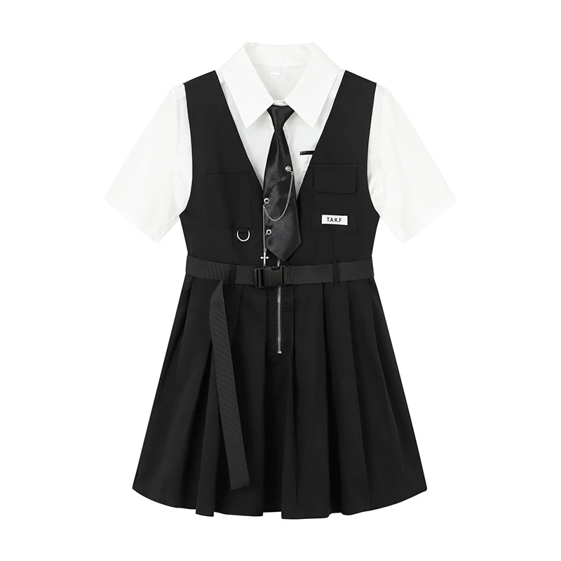 Women Dresses Sweet College Girl Tie Shirts Harajuku High Waist Pleated Vest Mini Gothic Dress 2021 Summer 2 Piece Sets Female plus size pant suits for special occasions