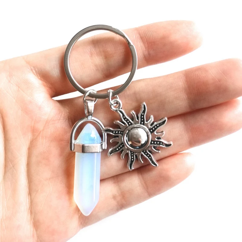 Natural Stone Hexagonal Column Keychain For Women Pink Quartz Crystal Stone Key Chains With Sun Moon Charms Trinket Couple Gift