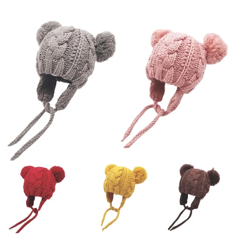 Новые зимние милые теплые шапки для новорожденных девочек и мальчиков, вязаные шерстяные шапки с помпонами