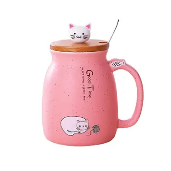 

Ceramic Mug Cups Cartoon Cat Silicone Wood Lid Stainless Steel Spoon Water Cups Breakfast Milk Cups 420ML (Random Color)