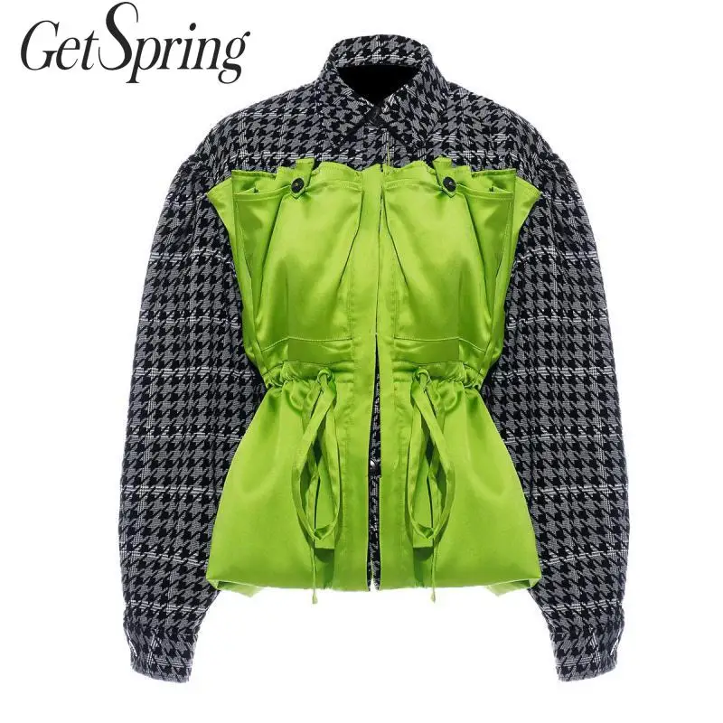 GetSpring Для женщин пальто в клетку в стиле пэчворк Для женщин куртка с длинным рукавом на завязках женские куртки женские с высокой талией Топы осень-зима