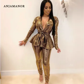 

ANJAMANOR Gold Glitter Two 2 Piece Set Women Sexy Club Outfits Long Sleeve Blazer Jacket and Pants Matching Sets 2020 D64-BZ00