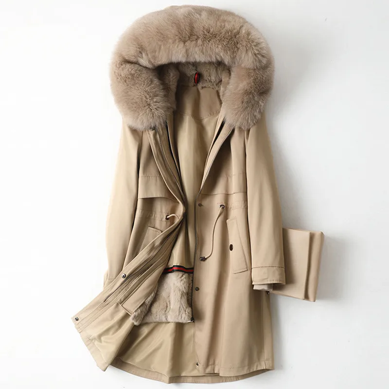 AYUNSUE пальто из натурального меха женская теплая парка с натуральным кроличьим мехом зимняя куртка Женский Воротник из лисьего меха корейский длинный плащ MY4089 - Цвет: khaki