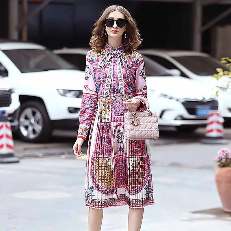 

2019 Spring Clothing WOMEN'S Dress-Retro Printed Mid-length Pleated Skirt Slim Dress-