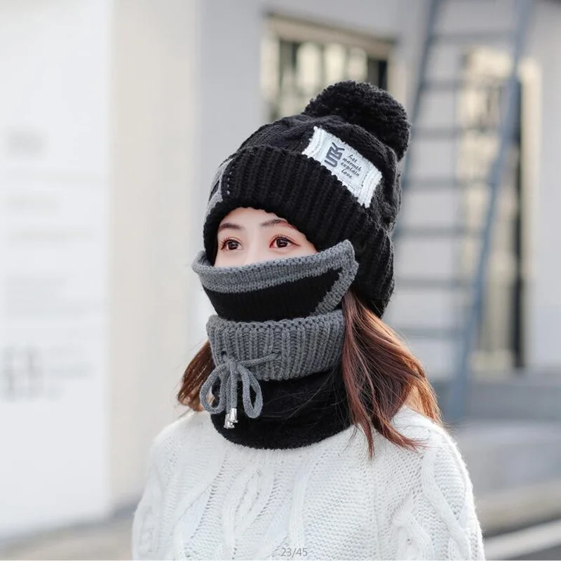 

2019 New Youth Winter Thick Plus Cashmere Warm Masks Hat Scarf Wool Ball Cover Ear Collar Winter Women's Knit Hat Set