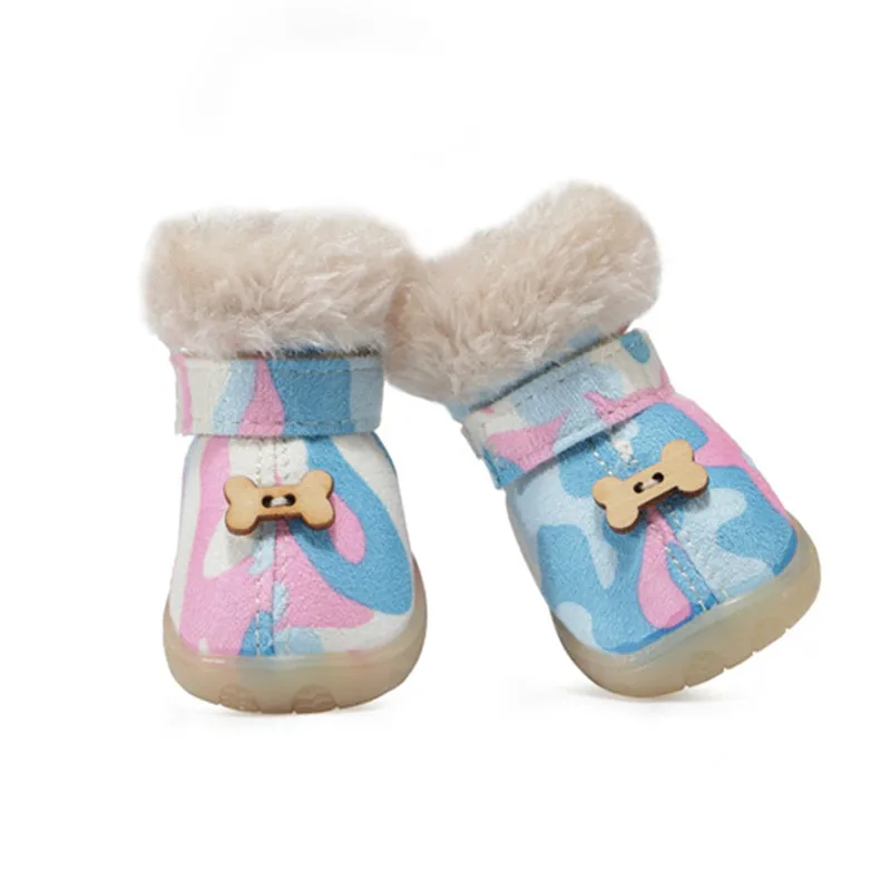 Толстая меховая Обувь для собак; зимняя теплая обувь для маленьких собак; нескользящая обувь для щенков; плюшевый пудель - Цвет: Pink Camo