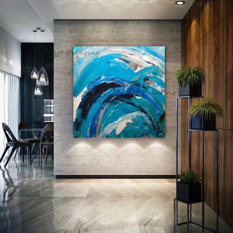 

Hand Painted Blue Circle Oil Paintings on Canvas Abstract Painting Brush Wall Picture for Living Room Home Decor Art No Framed