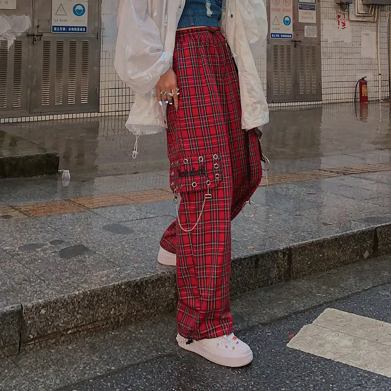 High Waist Plaid Pants Heavy Industry with Chain High Street Cargo Pants Women 2020 Korean Style Harajuku Wide Leg Pants