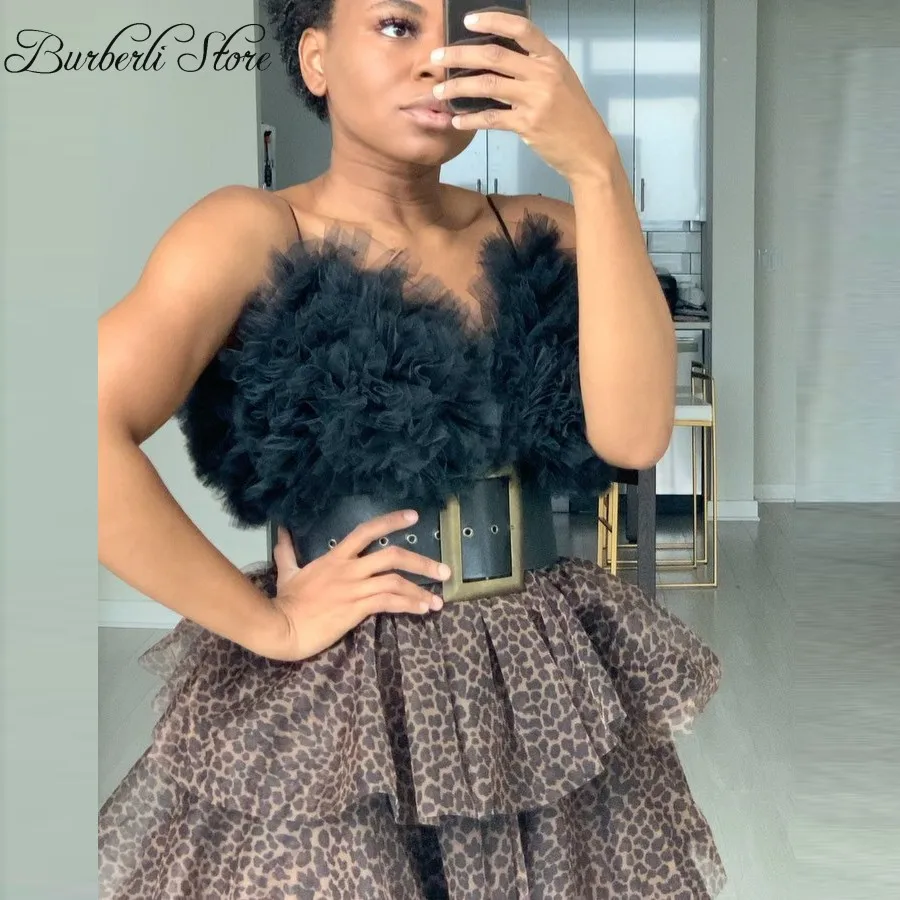 Sexy Black Tulle Ruffle Top Spaghetti Straps Short