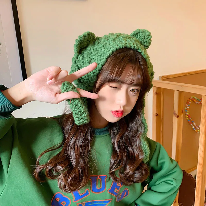 Cappello con orecchie di gatto cappello lavorato a maglia all'uncinetto  all'aperto autunno inverno caldo berretto protettivo per orecchie carino  cappelli per adulti per berretto da donna|Men's Skullies \u0026 Beanies| -  AliExpress