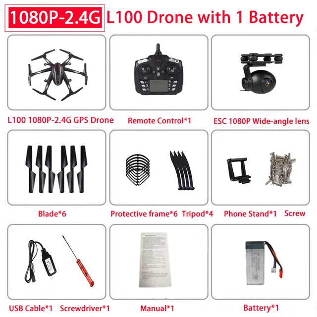 1080P 2.4G 1B L100 RC камера Дрон gps 4K HD ESC широкоугольная камера 5G Wi-Fi FPV селфи дроны Профессиональный 400 м дальние расстояния следуем за мной - Цвет: 1080P 2.4G 1B