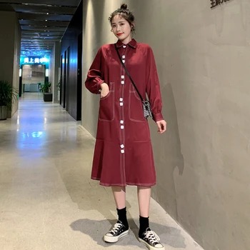 

2019 Korean Long Sleeve Black A-line Casual Pockets Peter Pan Collar Dresses Womens Single Breasted Brief Pocket Woman's Clothe