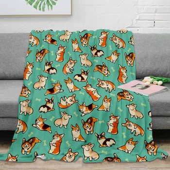 

Jolly Corgis In Green Throw Blanket Home Decoration Dog and Bone Warm Flannel Blankets For Bedroom