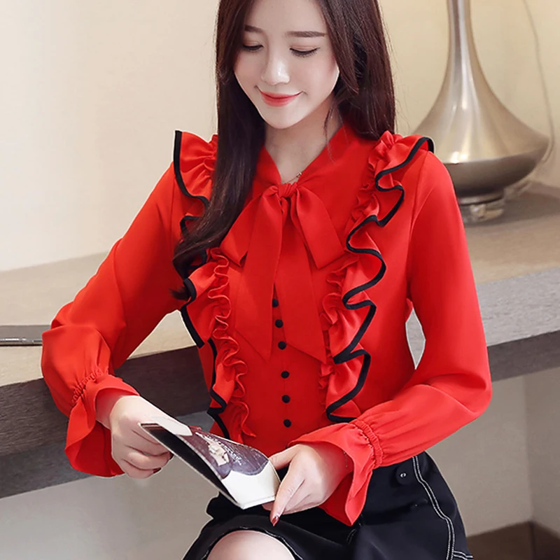 Blusas mujer de moda Осенняя шифоновая женская блузка с длинным рукавом женская одежда Повседневная белая блузка с оборками Женские топы 5304 50