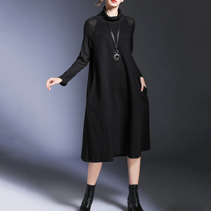 [EAM] женское черное трикотажное платье с разрезом, новинка, высокий воротник, длинный рукав, свободный крой, мода, весна-осень 1D923