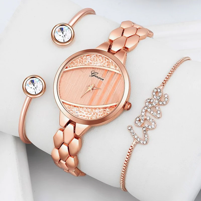 

Rose Gold Luxury Bracelet Watch Women Suit 3pcs/set Quicksand Quartz Snake Stainless Steel Watch Band Wrist Watches For Women