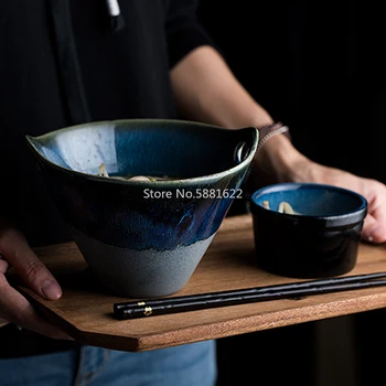 

Deep Blue European Personality Bowl with Handle Ceramic Bowl Irregular Salad Large Bowl for Home
