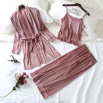 

Women Luxury Velvet Sleepwear Pajamas Set Autumn Winter Fashion Striped Pijamas Caimi Pants Robes 3Pcs Nightie Homewear Pyjamas