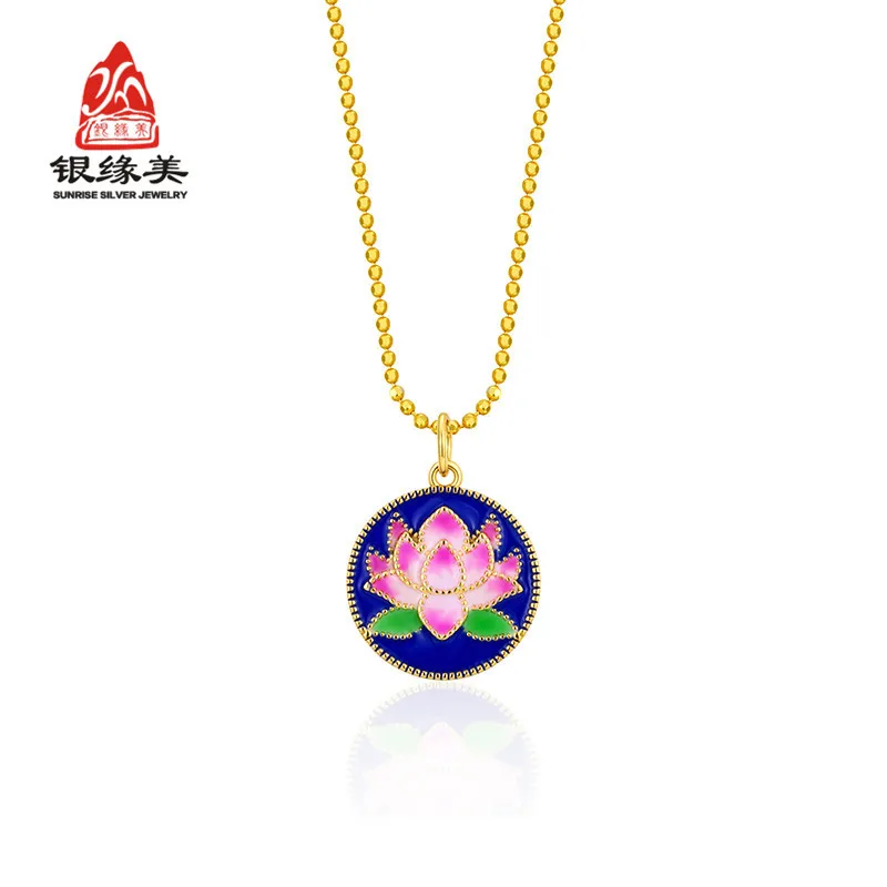 

S925 Fine Silver Plated Gold Lotus Enamel Necklace Women's Accessories Accessories Processing