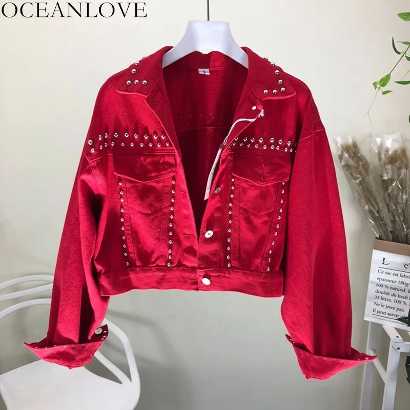 Женская короткая джинсовая куртка с заклепками OCEANLOVE тонкая однобортная для