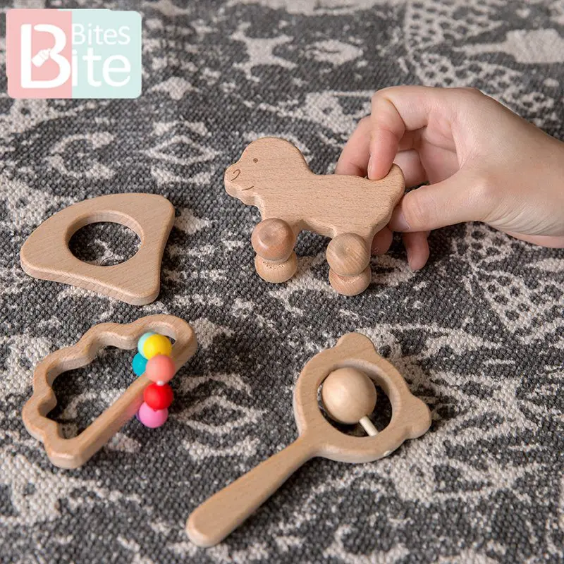 

Bite Bites 4pc Baby Wooden Toys Rattle Teething Car Toy Natural Beech Ring Beads Animal Wooden Blank Rodent Children'S Goods Toy