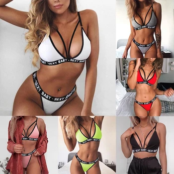 

Fashion Women Letter Solid Patchwork Sexy Lingerie Underwear G-String Set Lingerie Sexy Bra Set Bras Women Brief Sets NEW HOT