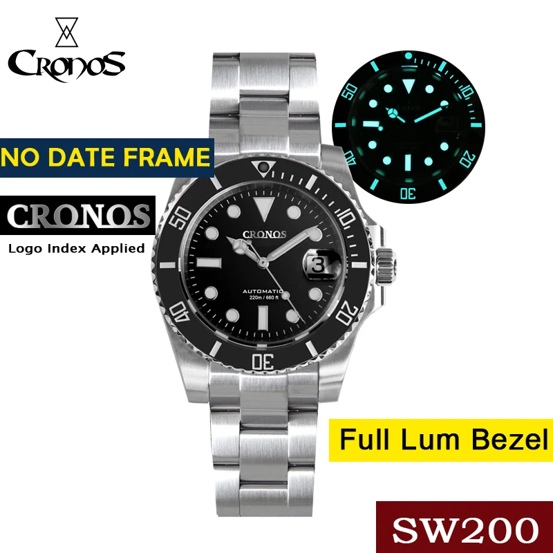 Luxury Men Watch Sw200-Bracelet Cronos Diver Ceramic Stainless-Steel Rotating-Bezel Water-Resistant