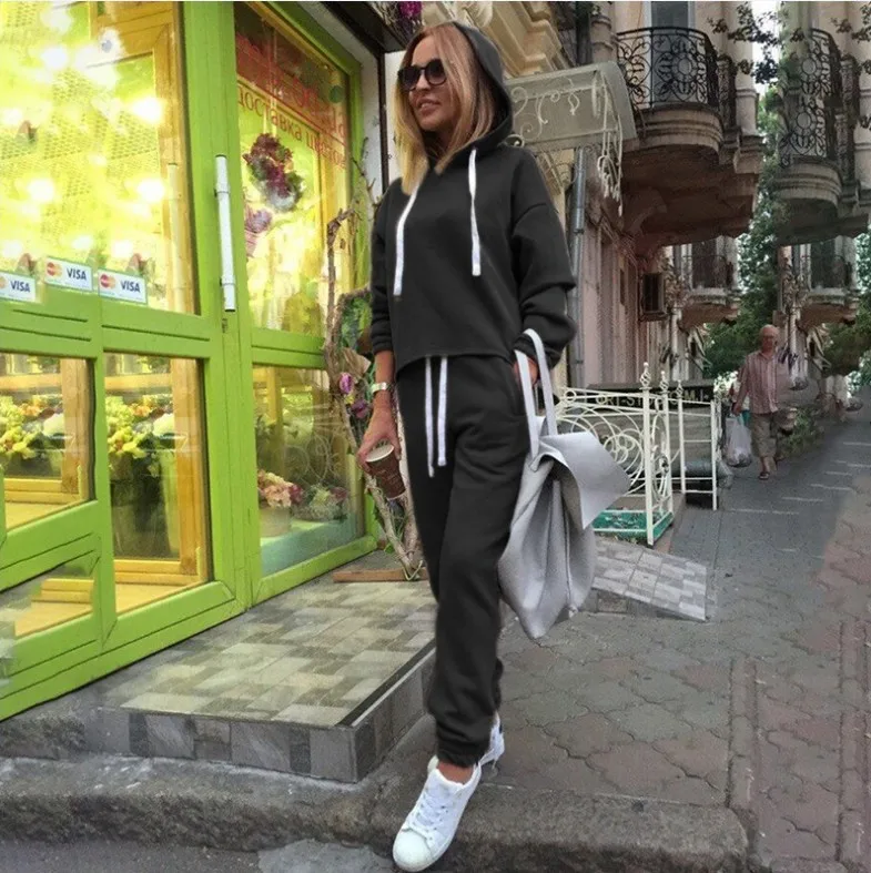 Black 2Pcs Suit Осенний спортивный костюм с длинным рукавом, утолщенные толстовки с капюшоном, комплект из 2 предметов, повседневный спортивный костюм, женский спортивный костюм - Цвет: Black 2Pcs Suit