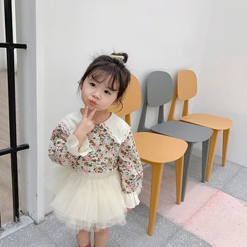 

2019 Autumn New Arrival Korean style cotton flowers printed long sleeve princess shirt with lace collar for cute sweet baby girl