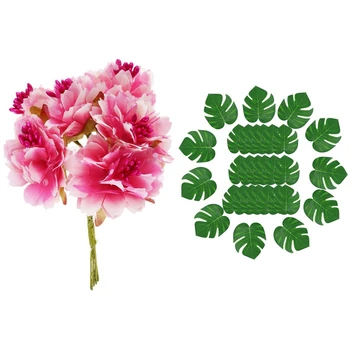 

6Pcs 4cm Artificial Carnation Flowers Stamen Silk Flower Bouquet & 30Pcs Artificial Tropical Palm Leaves Decoration