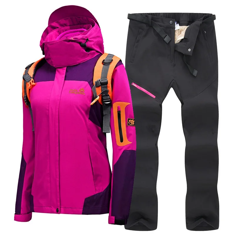 Женский лыжный костюм, высокое качество, лыжная куртка, брюки, уплотненные, теплые, водонепроницаемые, ветрозащитные, лыжные и сноубордические костюмы, женский зимний костюм - Цвет: Rose red   Black