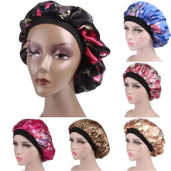 

Hot Women Ladies Floral Printed Elastic Wide Silk Satin Sleep Cap Hat Band Bonnet Bathing Shower Hair Care Wrap 2019 New