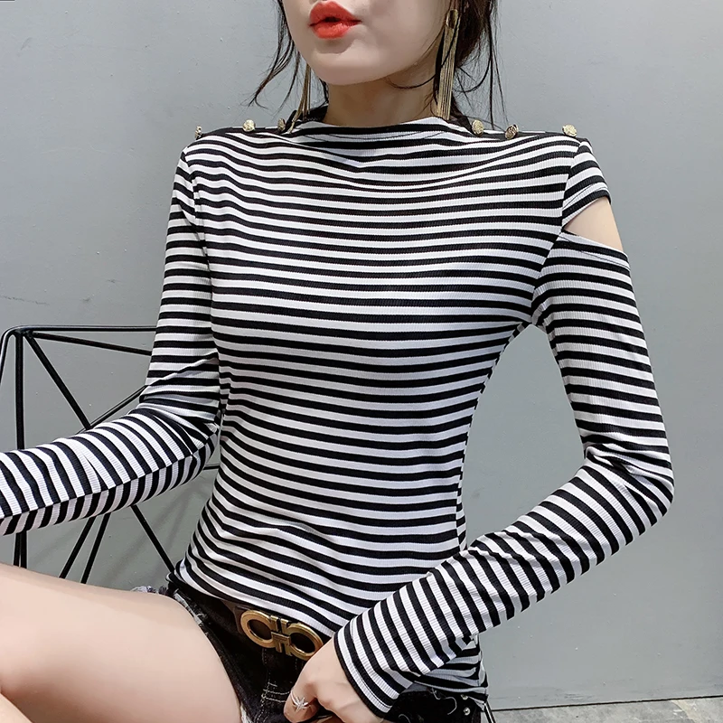 Korean Striped Fashion Sexy Off Shoulder lHollow Out Button Tshirt New Autumn Winter Women Top Camiseta Mujer T90202 - Цвет: Striped tshirt