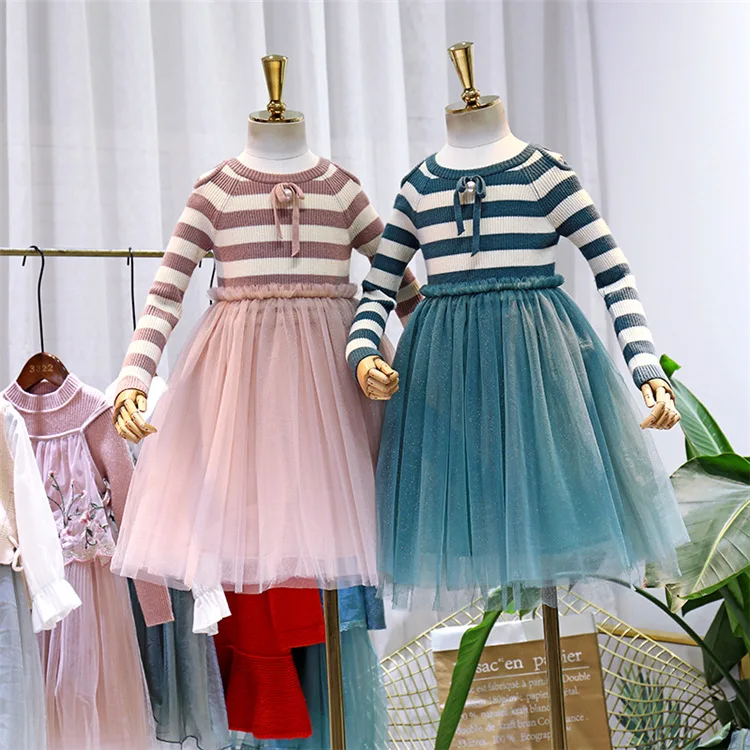 

5405 Stripe Shoulder Off Princess Baby Girl Dress Christmas Party Wedding Kid Dress ForGirl Wholesale Thanksgiving Baby Clothes